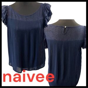 Naivee (Shanghai) Navy Pleated Short Sleeve Lace/Crepe Ruffle Sleeve Top (M/L)